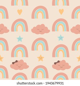 Light seamless childish background with rainbow, clouds and stars. Vector. For printing on clothing, fabric, baby bedding, wrapping paper.