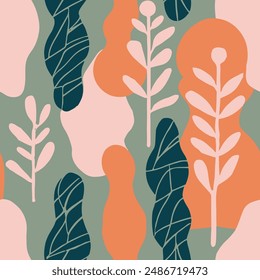 Light Seamless Classic Spring Leaves Backdrop. Hippie Continuous Creative Modern Quill, Seamless Print. Green Repeated Elegant Retro Lines Design. 