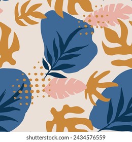 Light Seamless Elegant Artistic Template Design. Blue Continuous Abstract Palm Surface, Seamless Print. Pink Endless Decoration Spring Artwork Vector. 