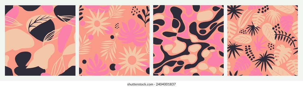 Light Seamless Elegant Jungle Paint Design. Pastel Repetitive Creative Plant Fabrics, Seamless Wallpaper. Blue Endless Abstract Modern Textile Set. 