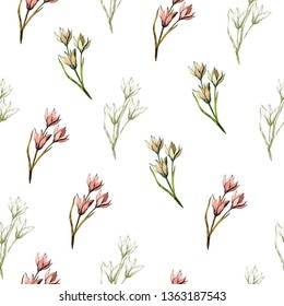 Light seamless floral pattern. Drawn tulips on a white background, vintage texture for fabric, tile, wallpaper and bedding.