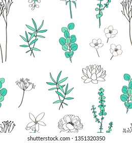 Light seamless floral pattern with twigs and flowers on white background 