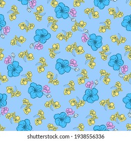 Light seamless floral print. Abstract flowers in yellow, blue and pink colors, light blue background. Great for decorating fabrics, textiles, gift wrapping, printed matter, interiors, advertising.