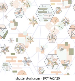 Light seamless geometric pattern of flowers and shapes. Stylized floral pastel ornament on a white background. Vector abstract texture for fabric and wallpaper on the wall.