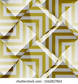 Light seamless geometric pattern. Realistic 3d cubes with golden strips. Vector template for wallpapers, textile, fabric, wrapping paper, backgrounds. Abstract texture with volume extrude effect