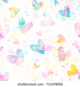 Light seamless grunge colorful texture with valentines hearts. Abstract vector background for web page, banners, fabric, home decor, wrapping