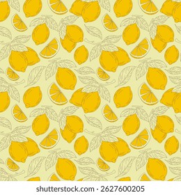 Light seamless lemon pattern with bright yellow lemons and slices. Cheerful and sunny design for summer packaging, wrapping, and fabric prints.