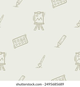 Light seamless pattern with attributes of creativity, drawing, learning and school. Simple vector illustration with repeating school icons of brush, paints, easel and pencil