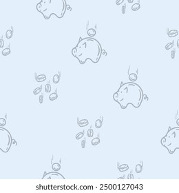 Light seamless pattern with attributes of money, wealth, business and finance. Simple vector illustration with repeating icons of piggy bank and flying coins