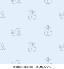 Light seamless pattern with attributes of money, wealth, business and finance. Simple vector illustration with repeat icons of bag of wealth and flying money, bills and coins