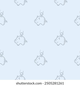 Light seamless pattern with attributes of money, wealth, business and finance. Simple vector illustration with repeating icons of piggy bank with coin