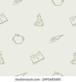 Light seamless pattern with attributes of school, learning, autumn and childhood. Simple vector illustration with repeating school icons of apple, paper airplane, chemistry flask and notebook