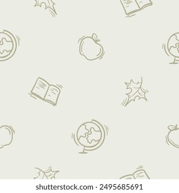 Light seamless pattern with attributes of school, learning, autumn and childhood. Simple vector illustration with repeat school icons of apple, autumn leaf, notebook and globe