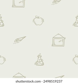 Light seamless pattern with attributes of school, autumn, learning, childhood. Simple vector illustration with repeating school icons of apple, paper airplane, chalkboard and chemistry flask