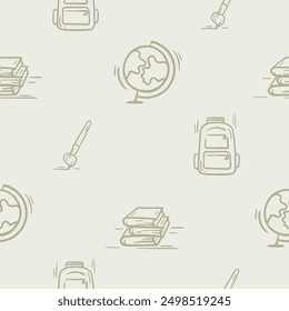 Light seamless pattern with attributes of school, autumn, learning, childhood. Simple vector illustration with repeating school icons of globe, backpack, textbooks and brush