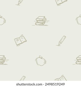 Light seamless pattern with attributes of school, autumn, learning, first bell. Simple vector illustration with repeating school icons of textbooks, notebook, apple, pencil