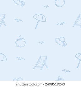 Light seamless pattern with beach attributes associated with vacation, travel and seaside recreation. Simple vector illustration with repeat elements of umbrella, chair, hat and cocktail