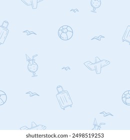 Light seamless pattern with beach attributes associated with vacation, travel and seaside recreation. Simple vector illustration with repeating elements ball, plane, cocktail and suitcase