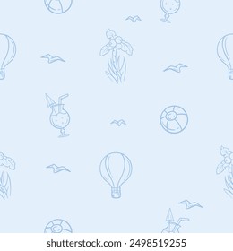 Light seamless pattern with beach attributes associated with vacation, travel and seaside recreation. Simple vector illustration with repeating elements balloon, palm tree, ball and cocktail