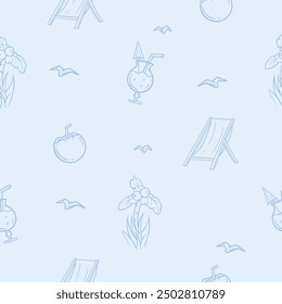 Light seamless pattern with beach attributes associated with vacation, travel and seaside recreation. Simple vector illustration with repeating elements chair, cocktail, coconut and palm tree