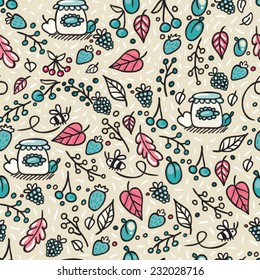 Light seamless pattern with berries and jam.