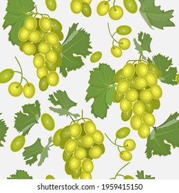 Light seamless pattern of bunches of white grapes and leaves design elements, arranged chaotically.Fruit repeted background.Vector bright print for fabric or wallpaper.