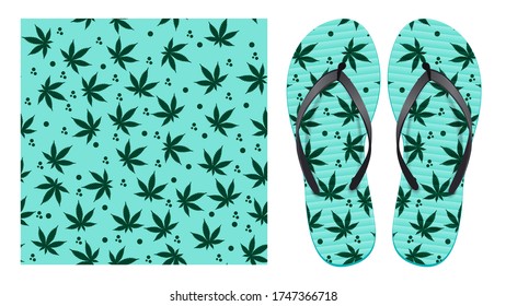 Patrón transparente con hojas de cannabis y puntos abstractos. Diseño de patrones para la impresión en voladizos. Visualización del diseño de flip-flops