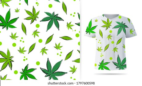 Patrón transparente con hojas de cannabis y puntos abstractos. Diseño de patrones para imprimir en camiseta. Visualización del diseño de camisetas
