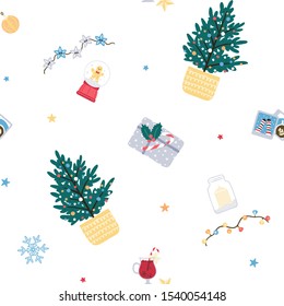 Light seamless pattern with christmas symbols. Hand drawn flat style vector design for backgrounds, wrapping paper, cards, and other printables.