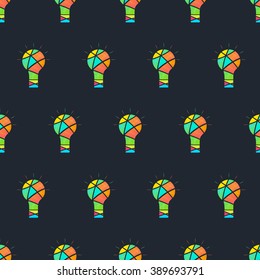 Light seamless pattern. Color the idea. Creative idea. Bright multi-colored incandescent lamp. Insight. The original thought. Black background. Vector illustration.