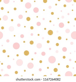 Light seamless pattern decorated golden and pink polka dot on white Vector illustration for xmas wallpaper, wrap, fabric, textile, cloth or package design Baby shower background or invitation template