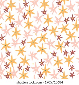 Light seamless pattern decorated golden and pink stars on white. Vector illustration for xmas wallpaper, wrap, fabric, textile, cloth or package design. Baby shower background or invitation template