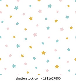 luminoso patrón transparente decorado estrellas doradas, azules y rosas sobre fondo blanco, ilustración del vector de la ducha de bebé