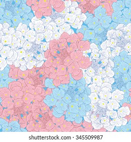 Light seamless pattern with Flowers. Floral background. Hand drawn. Blue, red and white colors. Design for greeting card, wedding, birthday, birth of a child. Vector illustration.