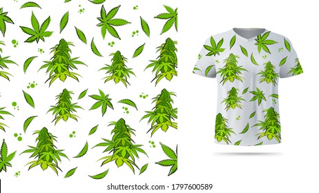 Light seamless pattern with flowers and leaves of cannabis. Eco pattern ready to print in cartoon style. Pattern design for printing on t shirt. Visualization of t shirt design