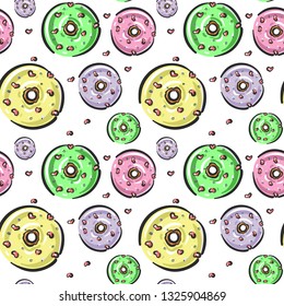 Light Seamless Pattern With Glazed Donut With Pink Hearts