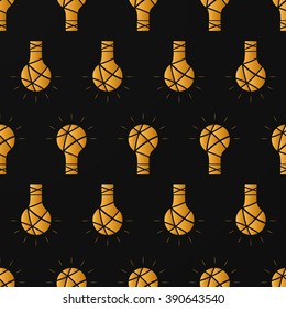Light seamless pattern. Golden bulb. Creative idea. Bright Golden lamp. Insight. The original thought. Black background. Vector illustration.
