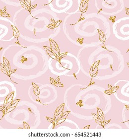 Light seamless pattern with golden glitter texture leafs and flowers. Background, fabric, textile