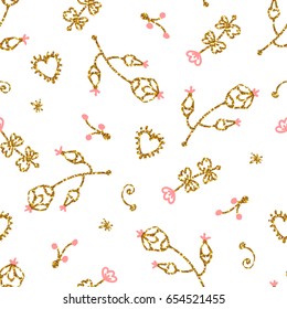Light seamless pattern with golden glitter texture leafs and flowers. Background, fabric, textile