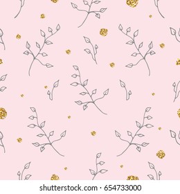 Light seamless pattern with golden glitter texture leafs and flowers. Background, fabric, textile