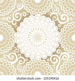 Light seamless pattern with large flowers and curls. Beige floral background.