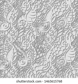 Light seamless pattern of paper twisted leaves and spirals in papercut style