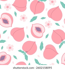 Light seamless pattern with peaches, leaves and flowers. Vector graphics.