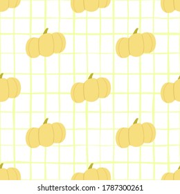 Light seamless pattern with pumpkin doodles. White background with check and yellow vegetables. Great for wrapping paper, textile, fabric print and wallpaper. Vector illustration.