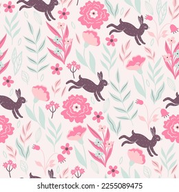 Patrón transparente con conejos y flores. Gráficos vectoriales.