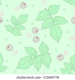 Light Seamless pattern with raspberries and green raspberry leaves. Pastel colors. Plain shadeless background with blackberry or raspberry leaves for decoration.