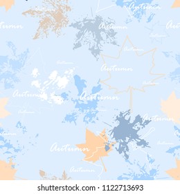 Light seamless pattern with realistic maple leaves imprints. Pastel blue palette. Vector illustration