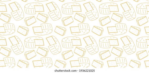 Light seamless pattern with round large cheese. Image for an article about farms and livestock. Background for design business concepts and advertising. Cover for cookbook, menu, brochure, catalog.