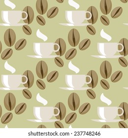 Light seamless pattern with steaming cup of coffee and coffee beans
