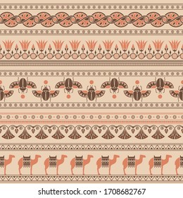 Light seamless pattern of symbols, landmarks, and signs of Egypt from icons in a glyph style.